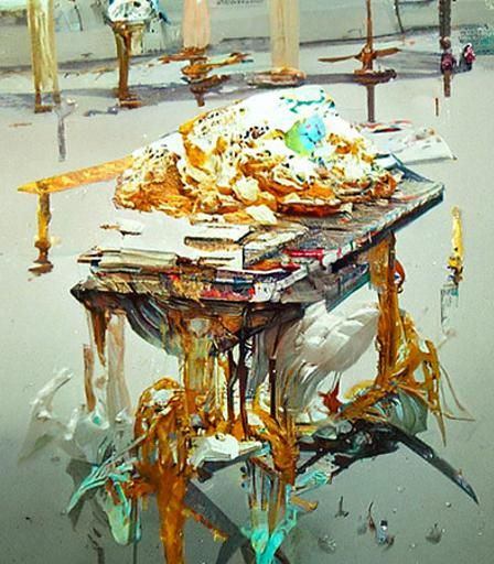 a stack of moldy cheese with feathers slowly melting into a white marble table.