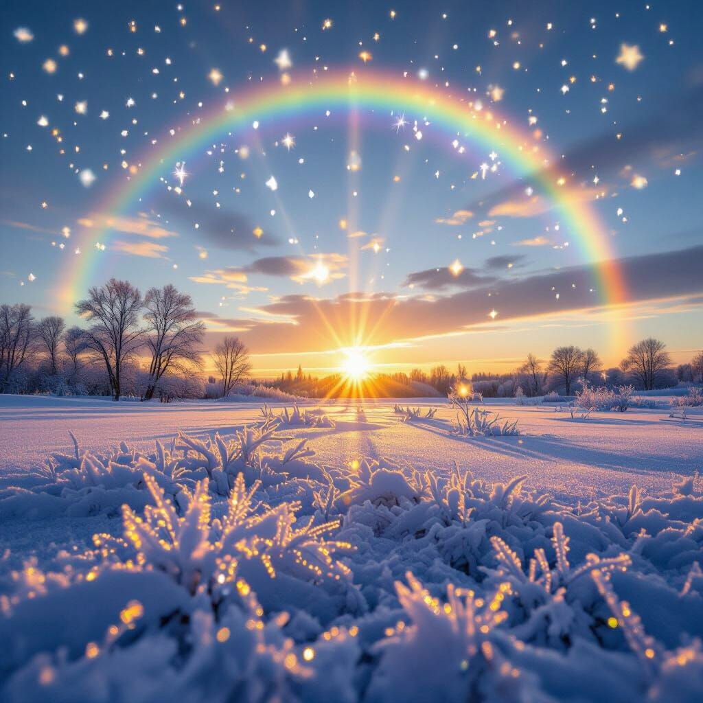 Breathtaking Ukrainian Winter Landscape with Rainbow and Sun...