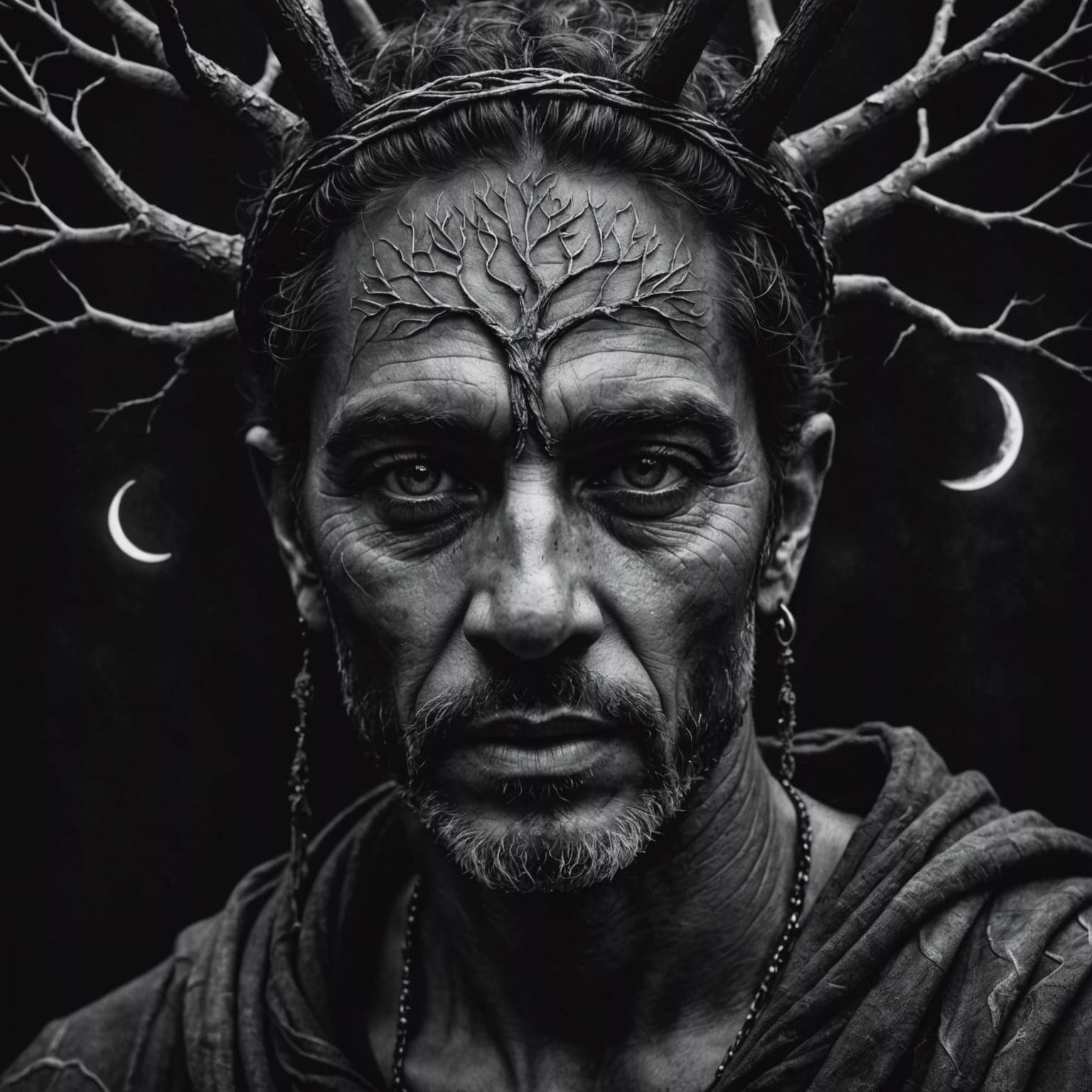 Tree of Life and Crescent Moon Charcoal Art