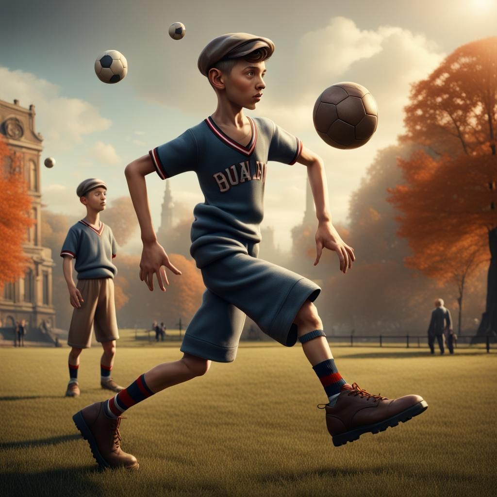 Boy Juggling Football in 1940s Park, Detailed Matte Painting