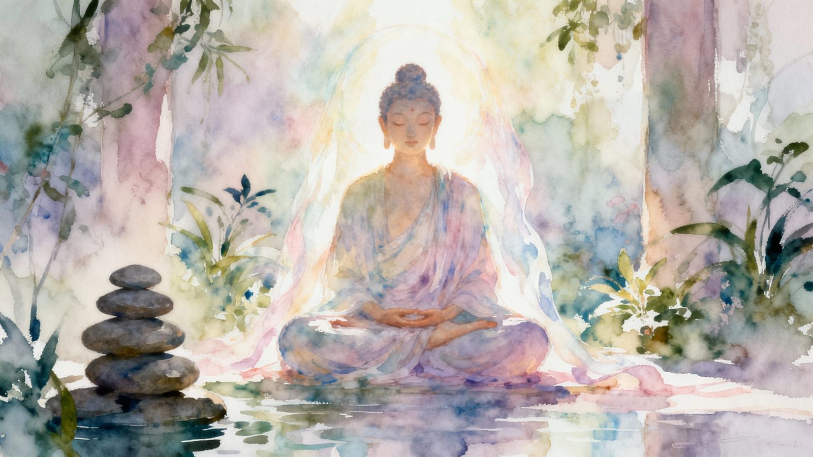 Figure Meditating in Tranquil Sanctuary with Ethereal Light