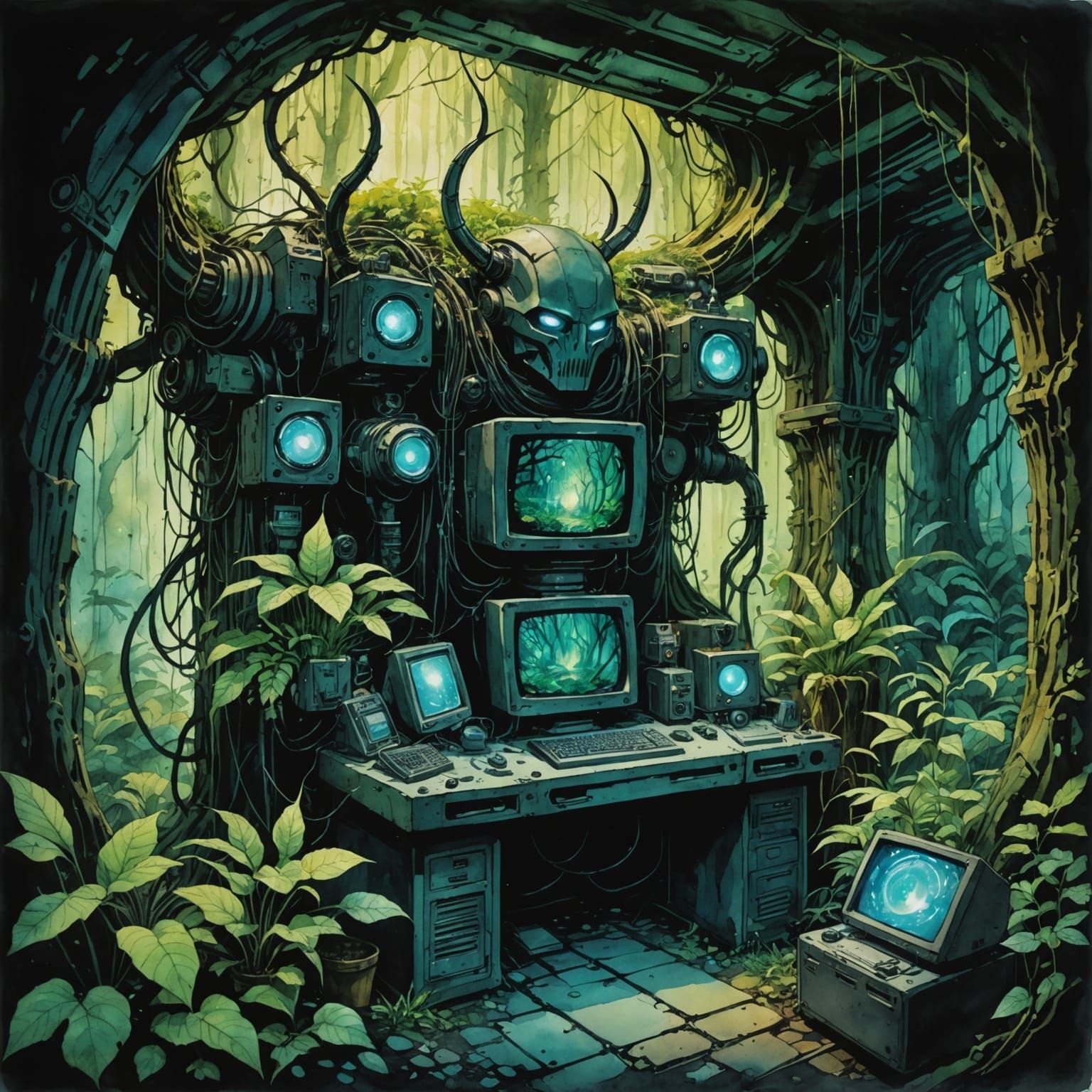 Supervillain's Bioluminescent Forest Hideout in Watercolor