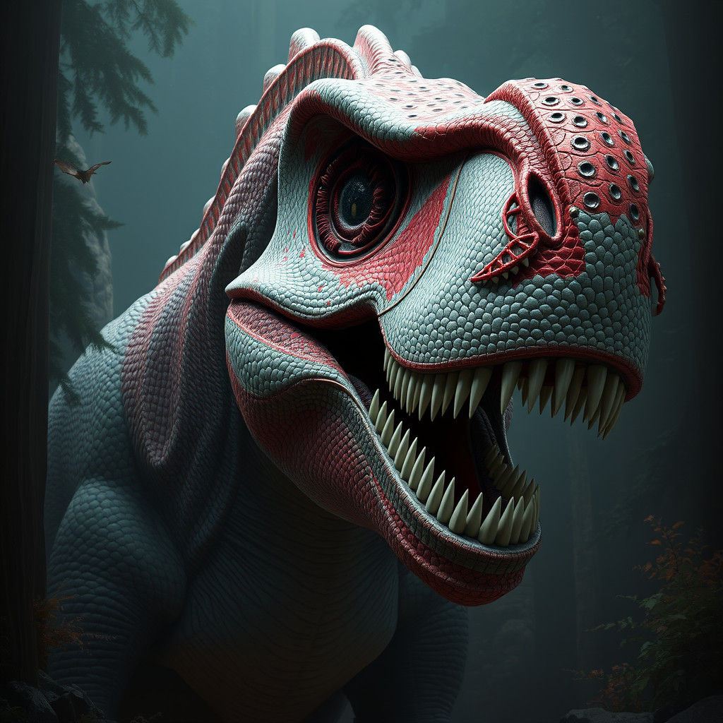 Hyper-Realistic Dinosaur with Red and White Face