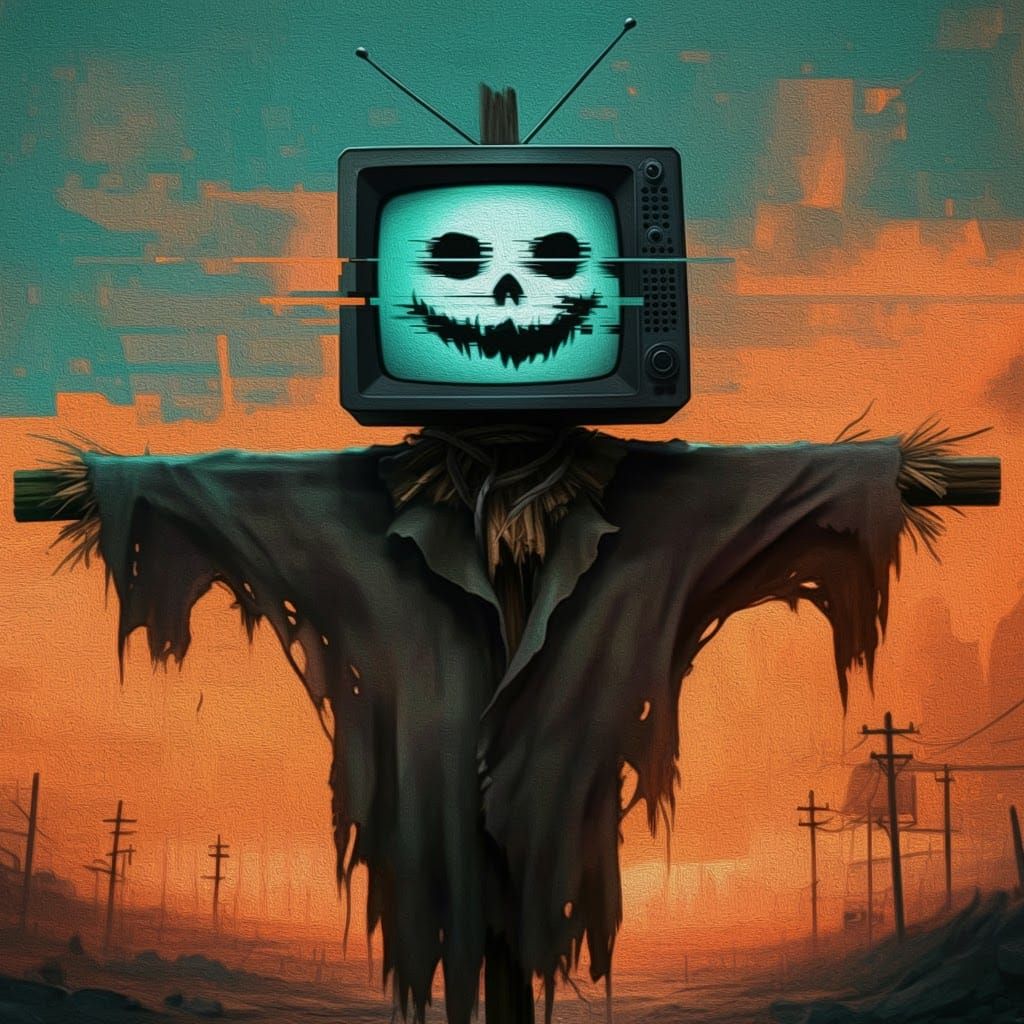 Glitch Scarecrow in Post-Apocalyptic Landscape