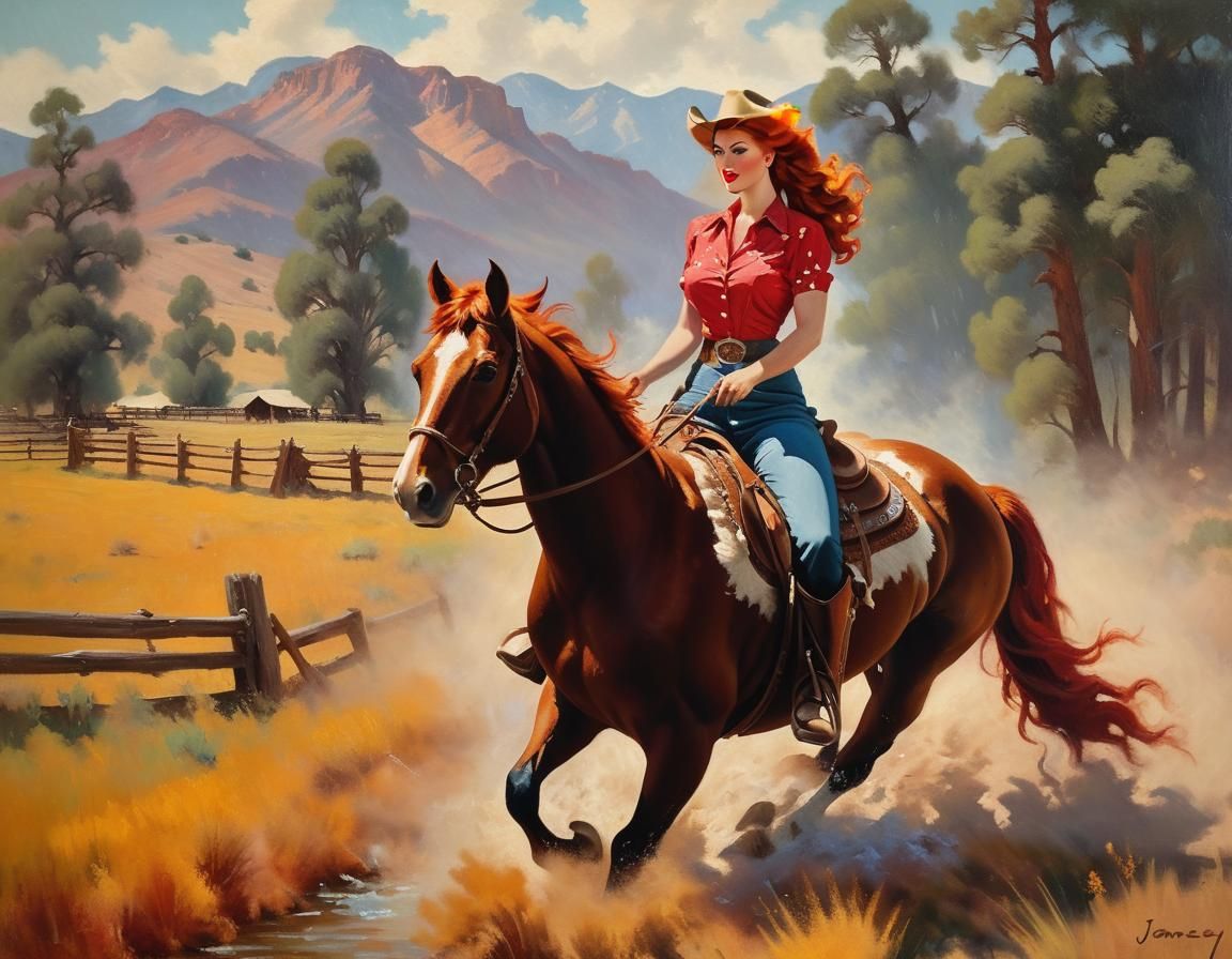 Cowgirl on Horse in Impressionistic Pin-Up Style