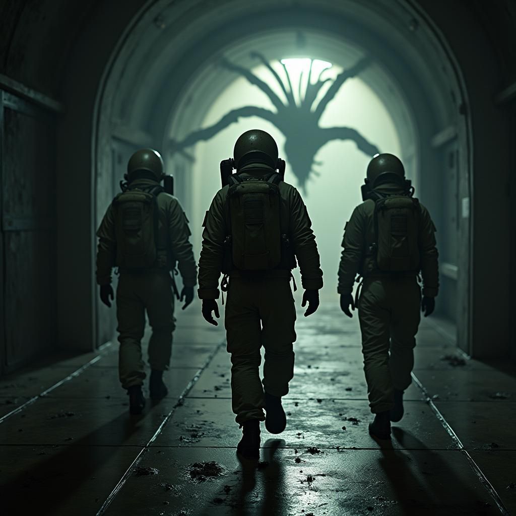 Astronauts Encounter Alien Structure in Dimly Lit Sci-Fi Sce...