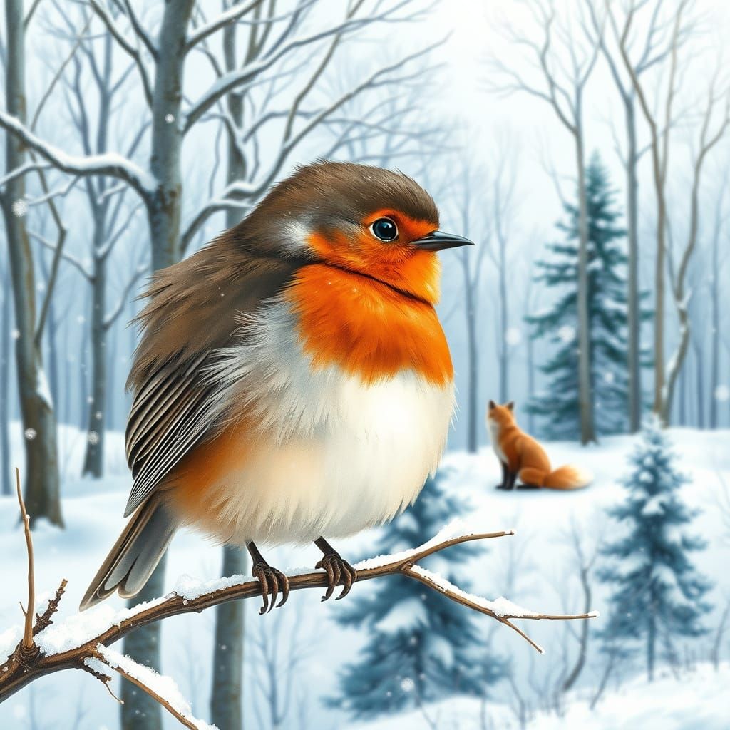 Adorable Robin in Snowy Forest Scene