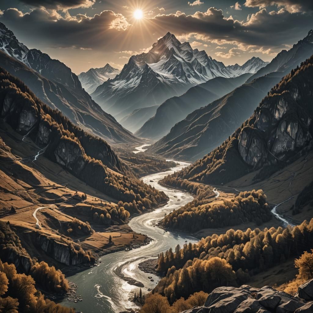 Hyperrealistic Landscape with Sun, Moon, and Mountains