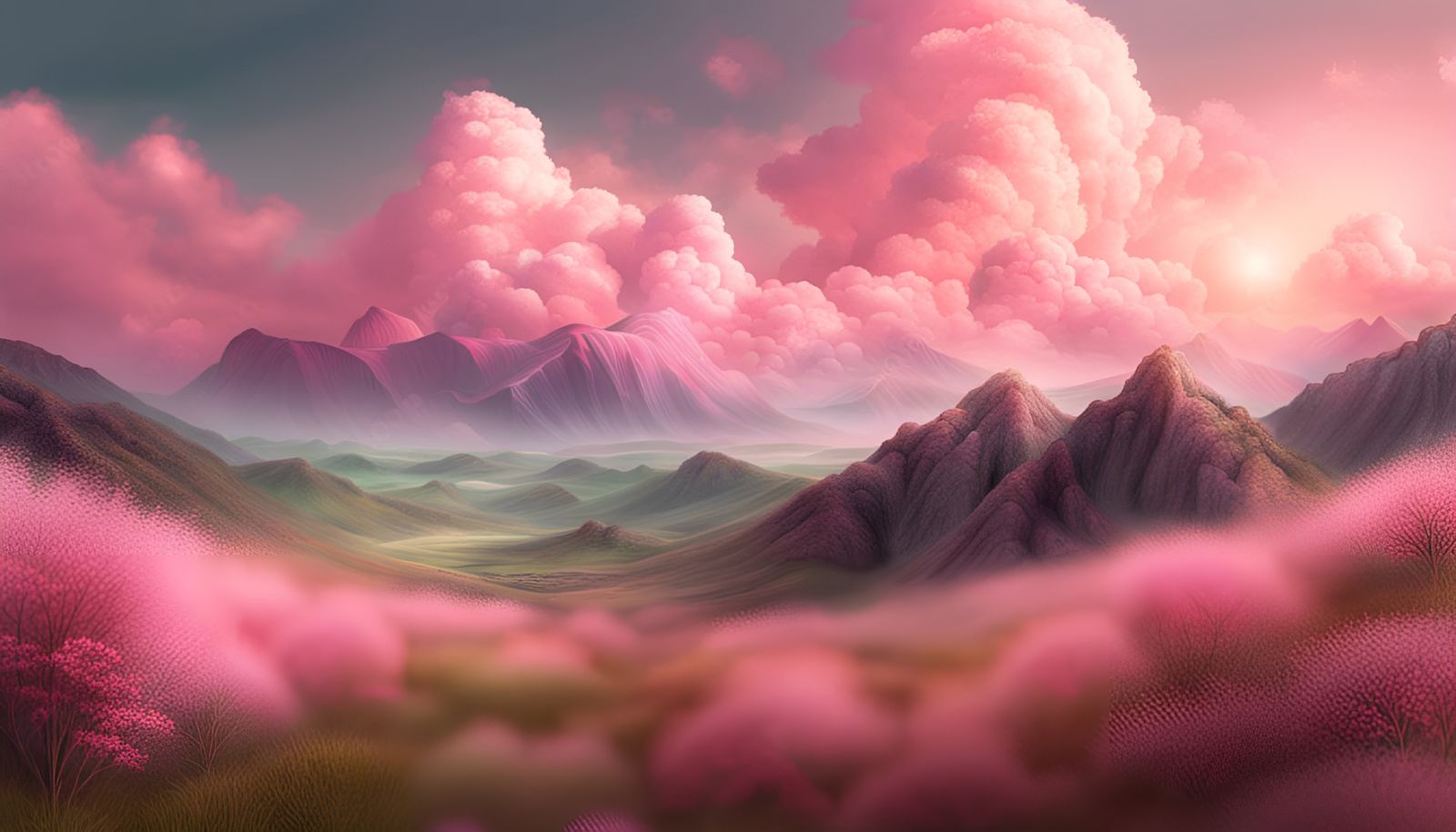 Pink Clouds over Rolling Mountain Landscape