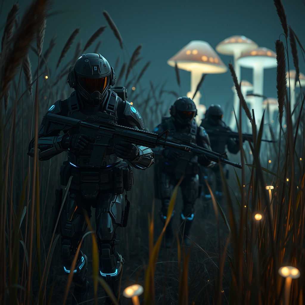 Robot Infantrymen Patrol a Bioluminescent Field