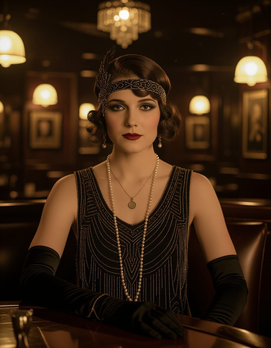 Elegant Flapper in 1920s Speakeasy with Film Grain