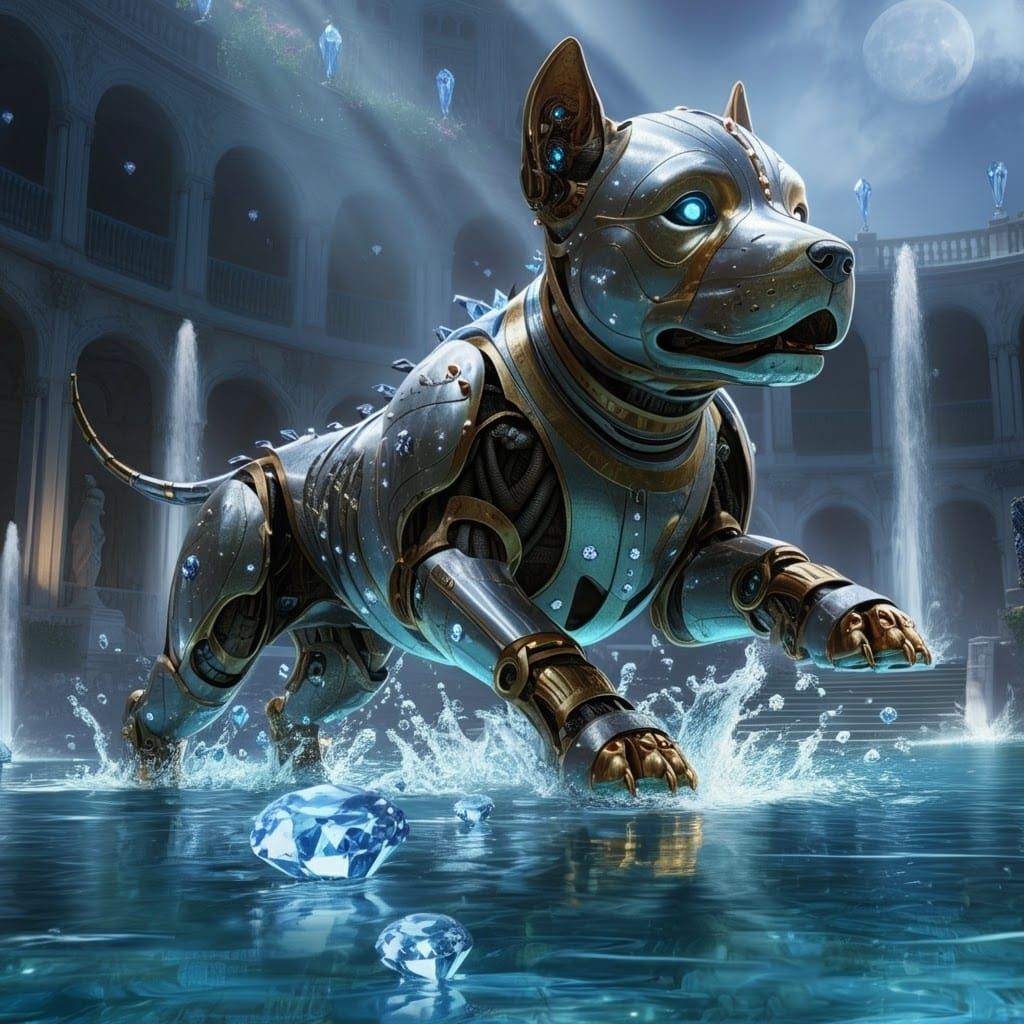 Mechanical Puppy: Chrome and Brass Robot in Baroque Pool