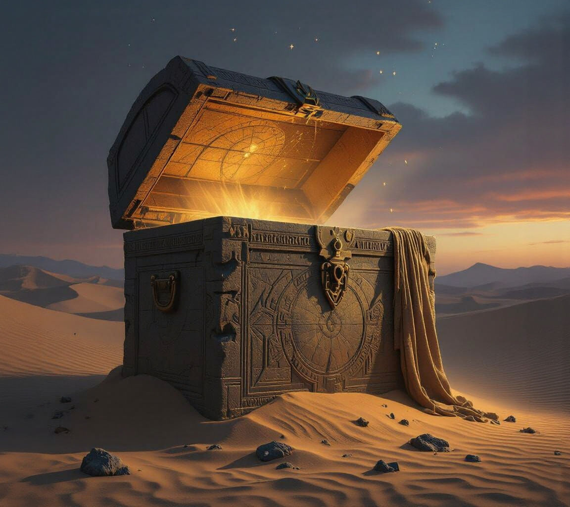 Ancient Stone Chest in Desert, Hyperrealistic Style