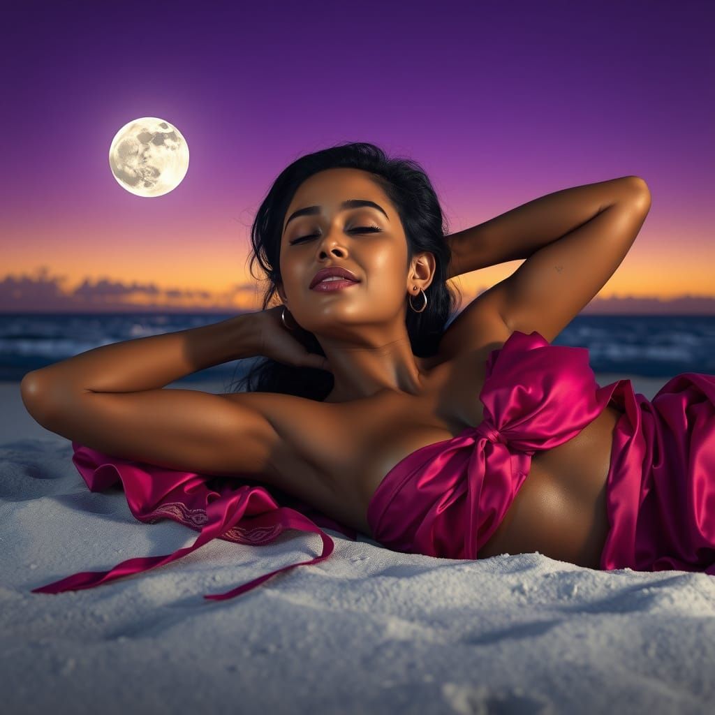 Island Woman Relaxing on Beach at Night