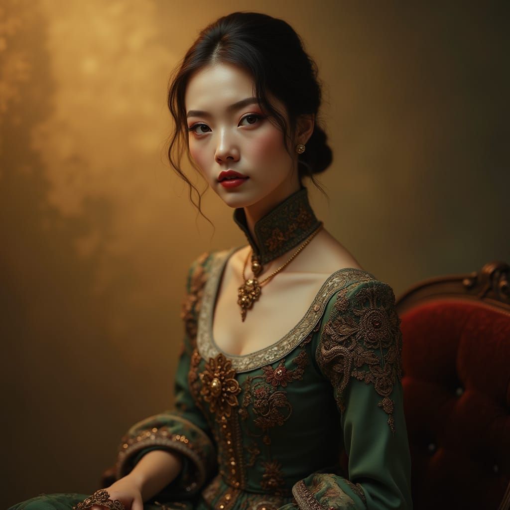 Regal Woman with Enigmatic Gaze in Art Nouveau Style