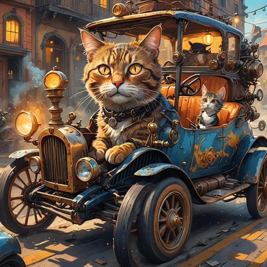 Futuristic Feline Driver in Splendid Fantasy Landscape