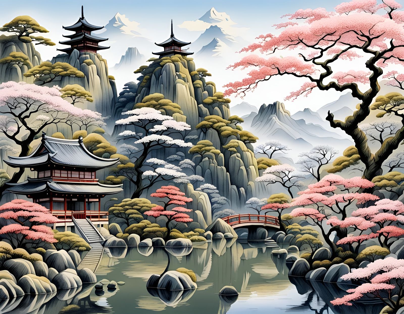 An authentic Japanese ink-drawing of a Botanical Garden