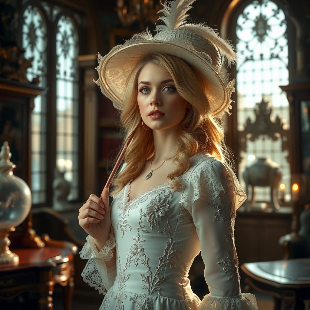 Victorian Woman in Antique Store, Hyperrealistic Style