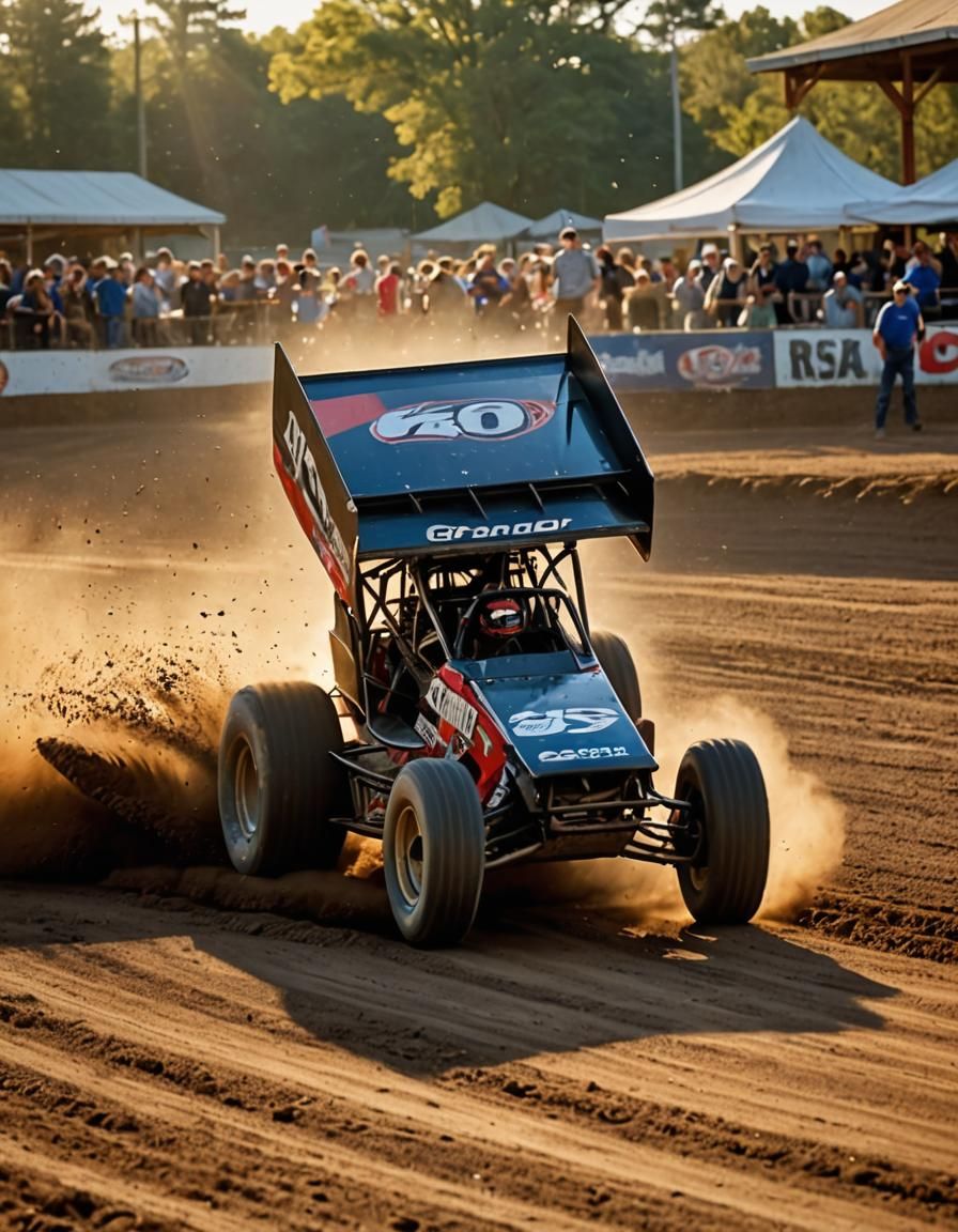 Speeding Sprint Car on Dirt Track in Golden Light