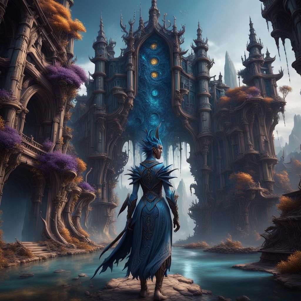 Fantastical Indigo Person in Detailed Matte Painting