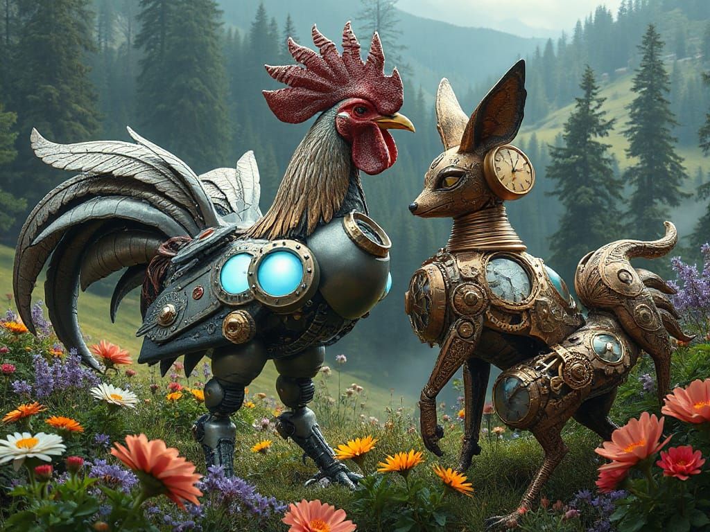 Rooster Mecha vs Clockwork Fox in Garden