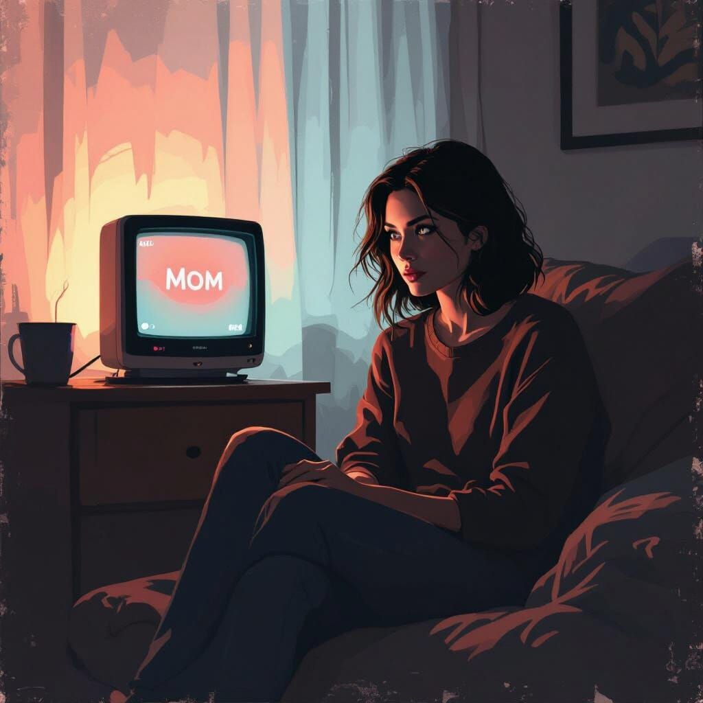 Woman in Dark Room Lit by 'MOM' Screen, in Digital Art Style