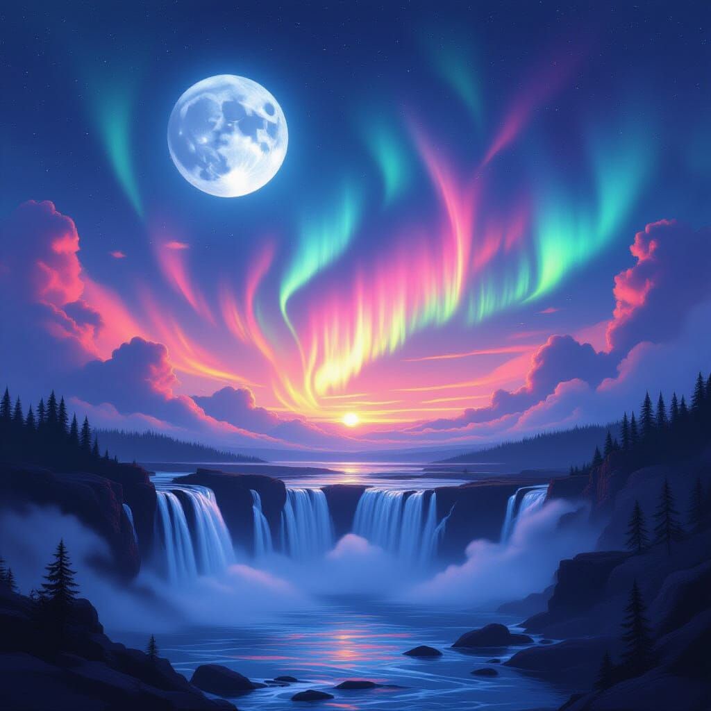 Surreal Midnight Aurora Landscape with Waterfalls