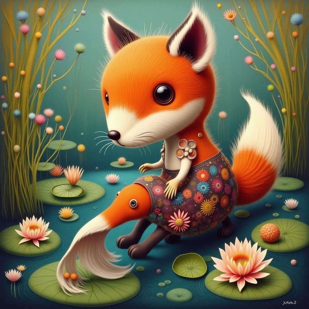 Miniature Fox Plays with Koi Fish in Neo-Impressionist Style