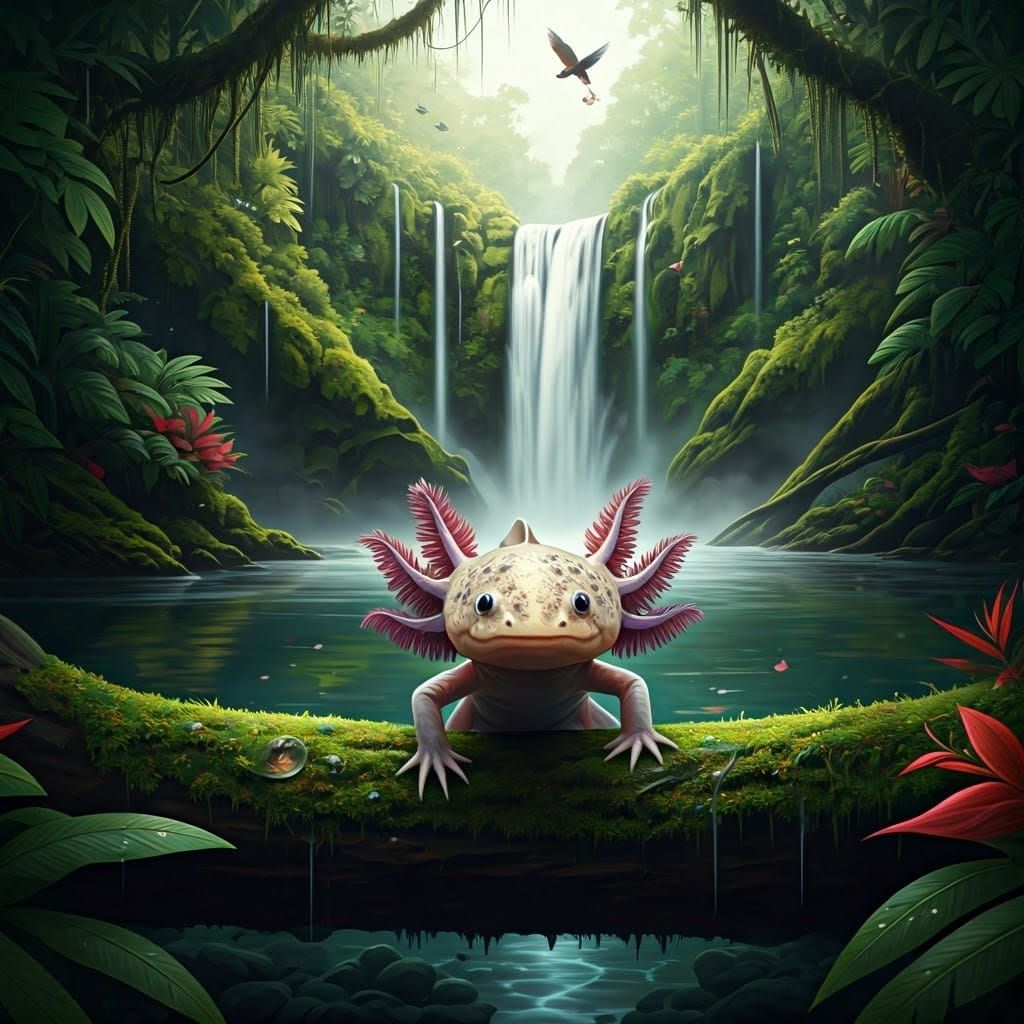 Mystical Axolotl in Emerald Rainforest