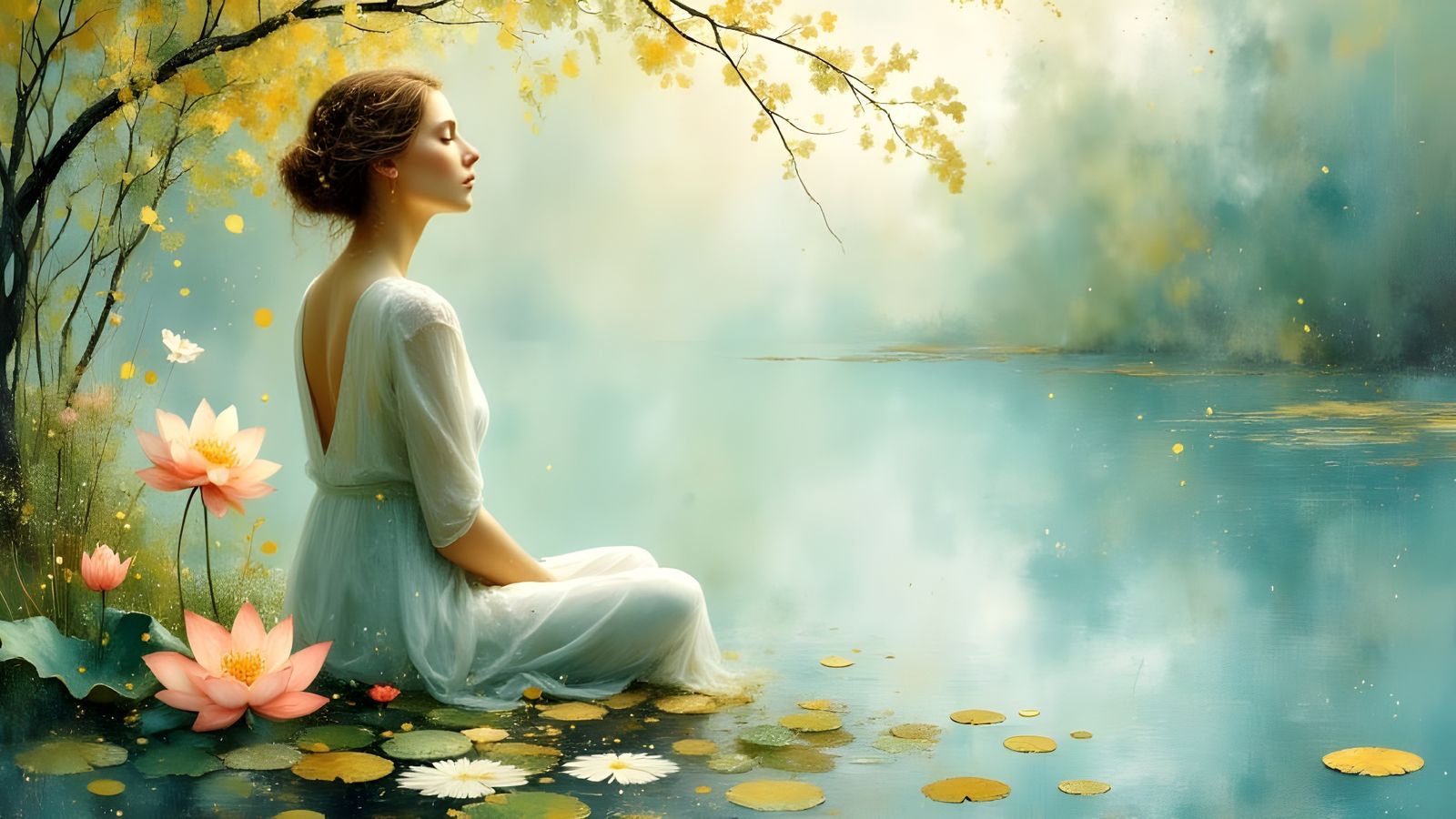 Meditative Woman in Zen Garden with Lotus Blossoms