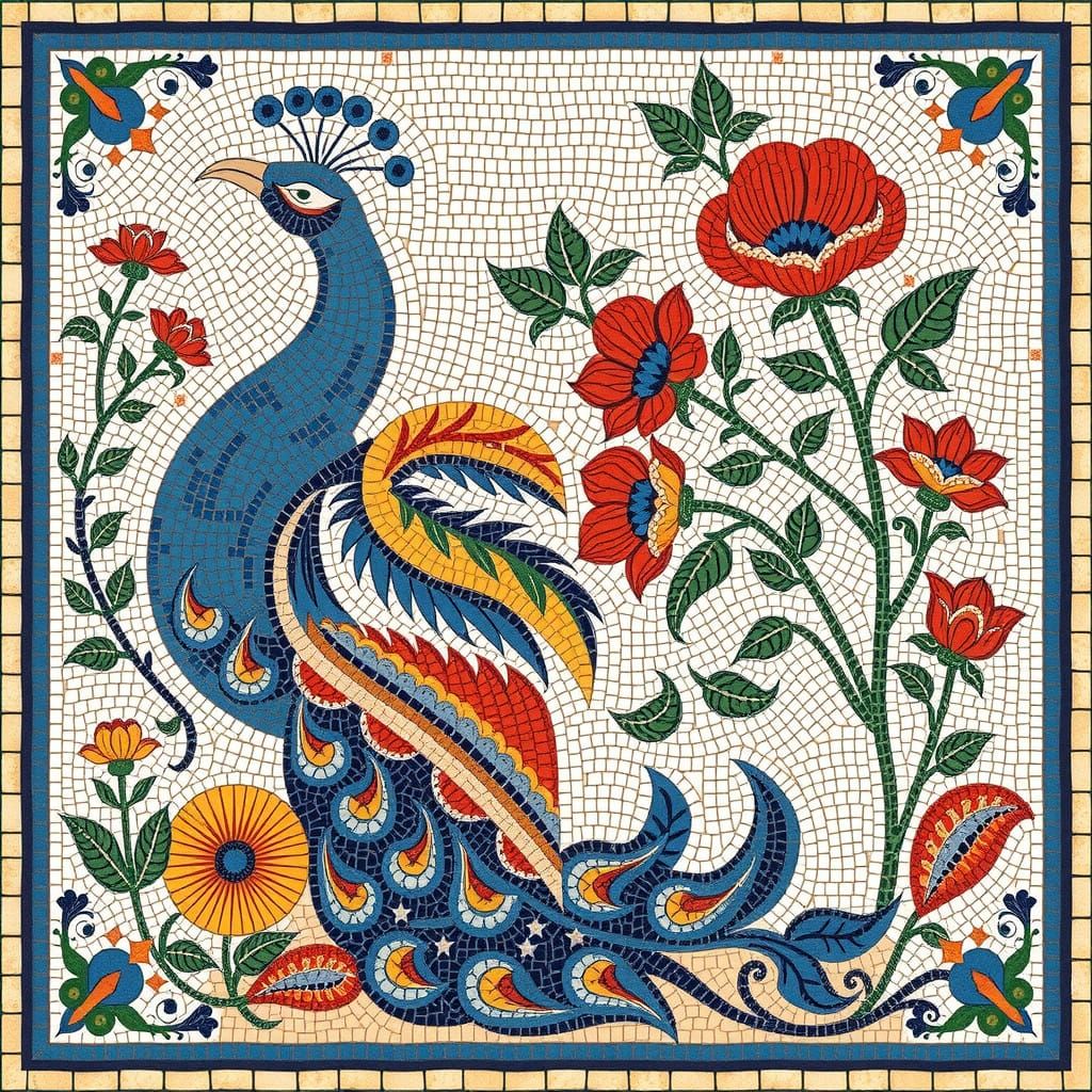 Ancient Roman Byzantine Mosaic of Male Peacock in Splendid B...