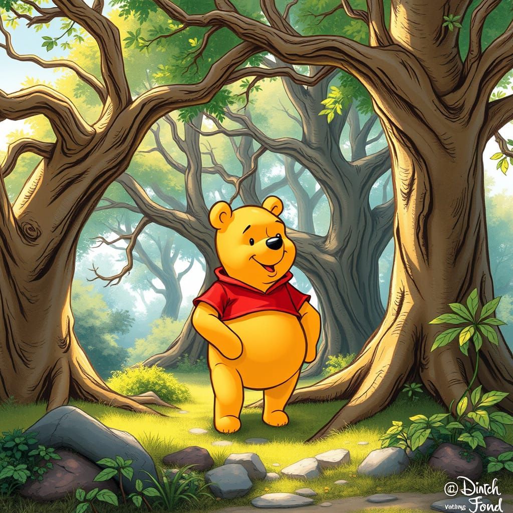 Golden Bear in Whimsical Woodland Scene