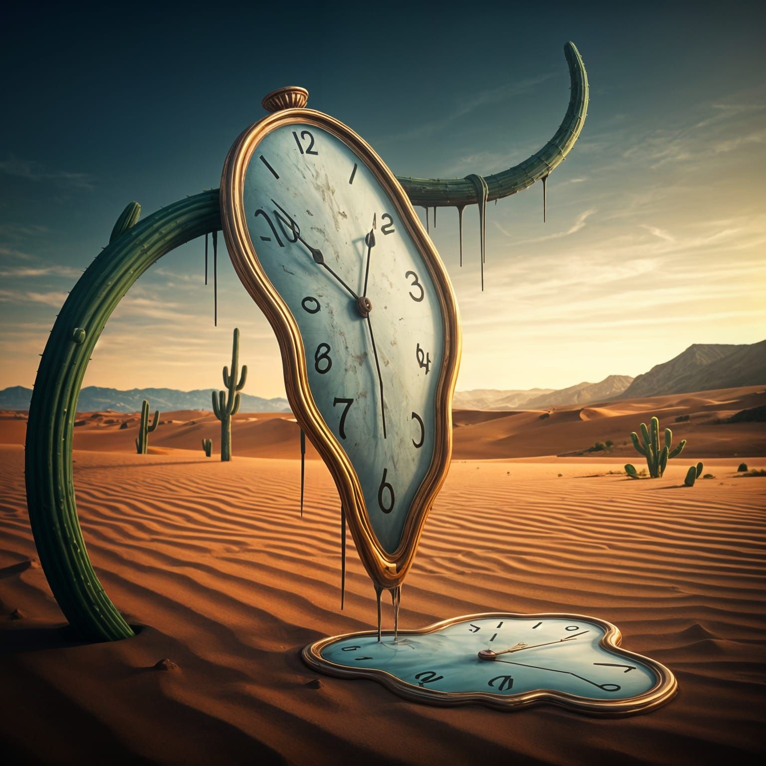 Surreal Melting Clock in Desert Landscape