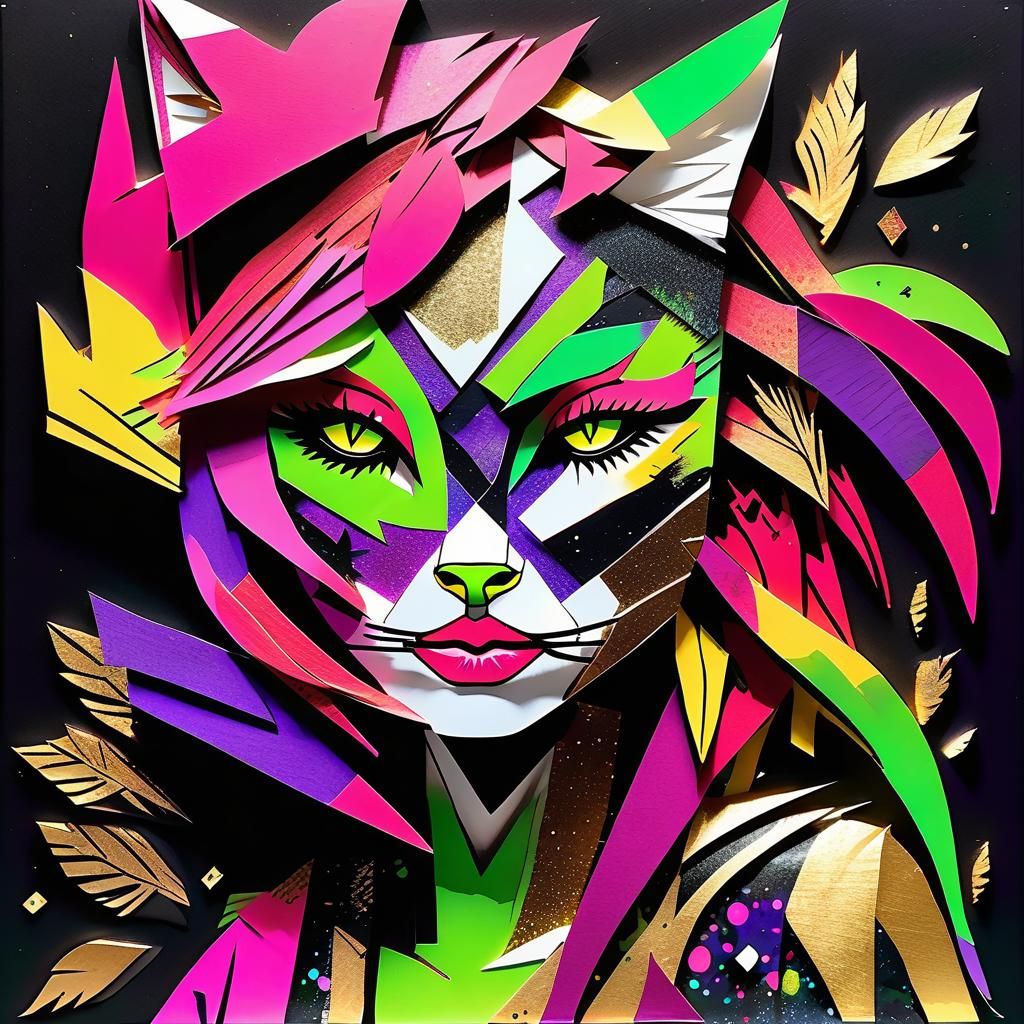 Neon Catgirl Portrait in Hypermodern Glitchcore Style