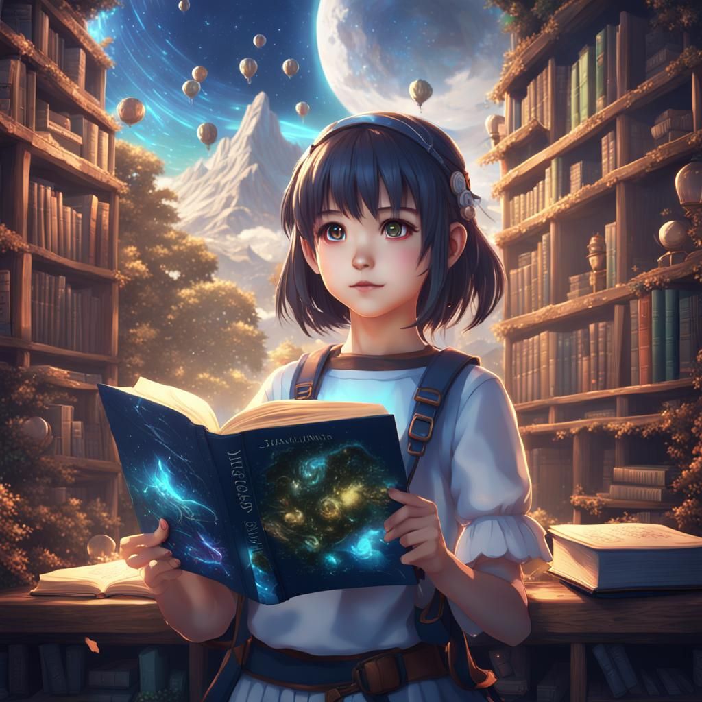Cute Anime Girl Reading a Science Book