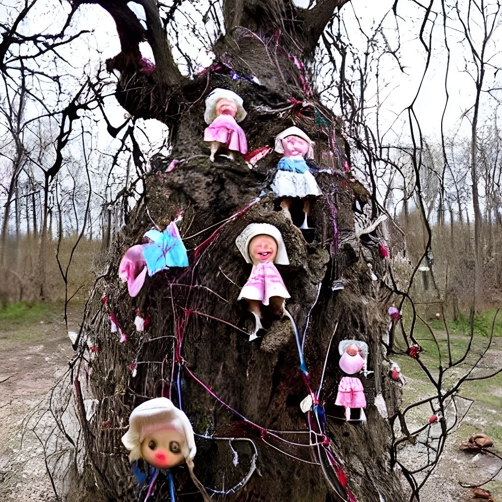 Haunting Tree Adorned with Dismembered Dolls