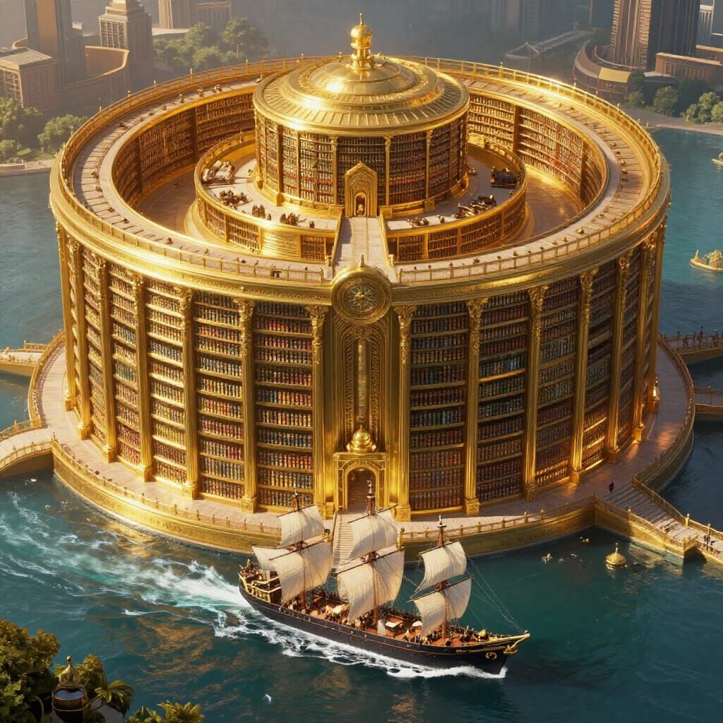 Epic Fantasy Library Gleaming in Bronze and Gold