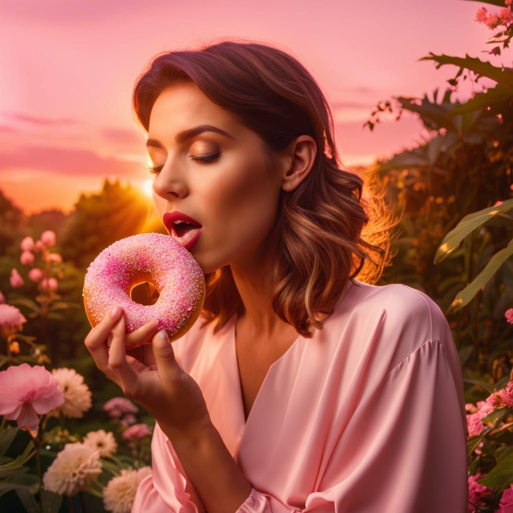 Dreamy Woman with Donut in Paradise