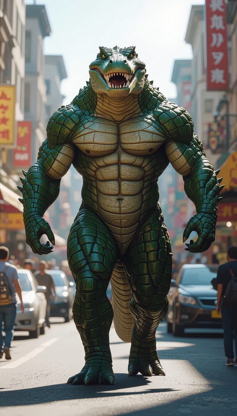 Towering Crocodile-Man in City Street