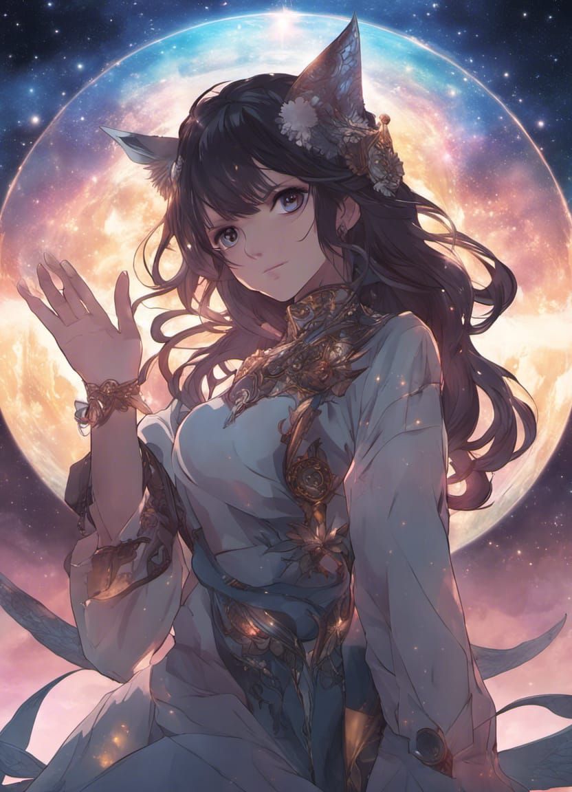 Anime Lynx Girl and Boy Embrace Under Astral Sunset