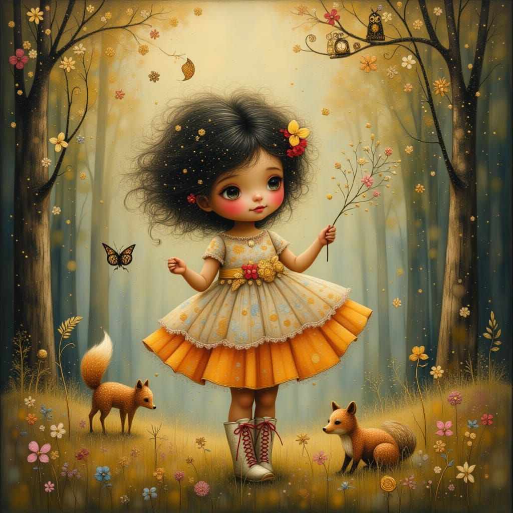 Radiant Toddler Plays in Enchanted Forest, Fantasy Oil Paint...