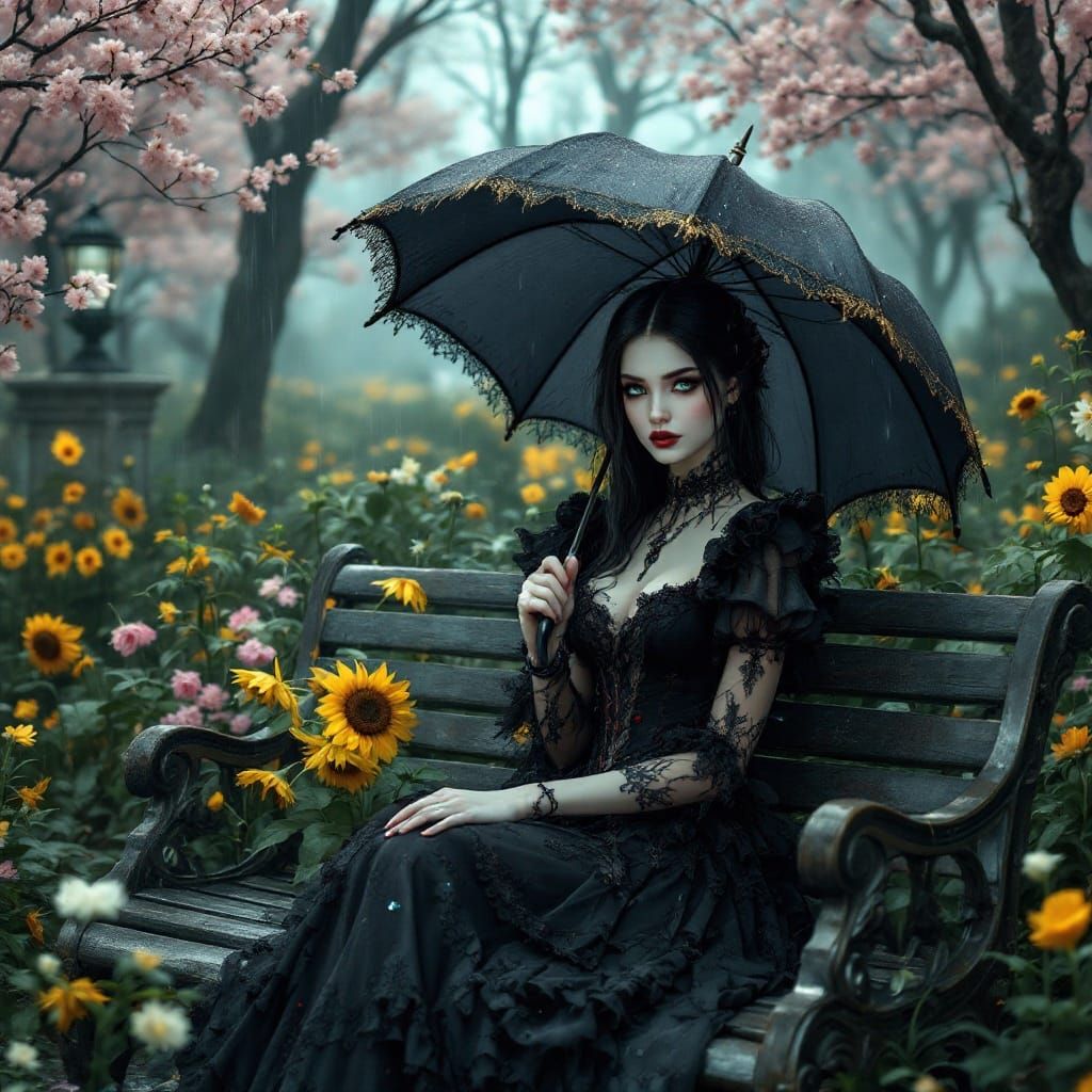 Elegant Vampire Sits in Whimsical Rainy Park