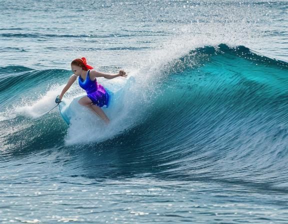 Hyper-Realistic Girl Surfs on Sunset Beach