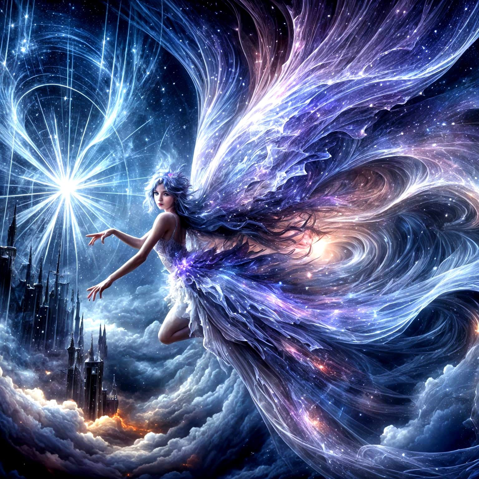 Ethereal Fairy Drifts Through Starry Skies in Cyberpunk Stor...