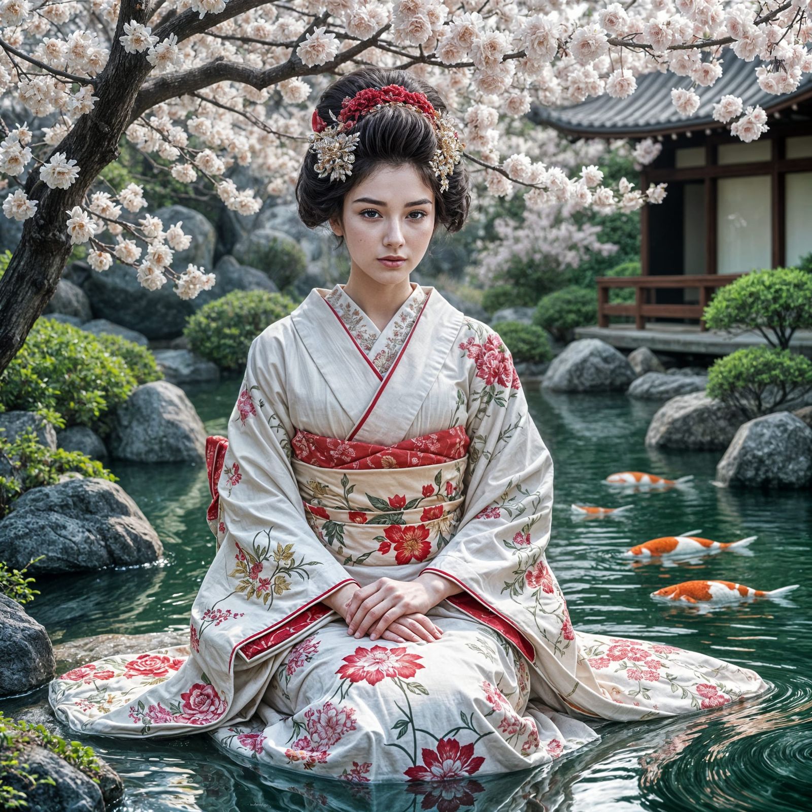 Geisha in Cherry Blossom Garden, Ukiyo-e Style