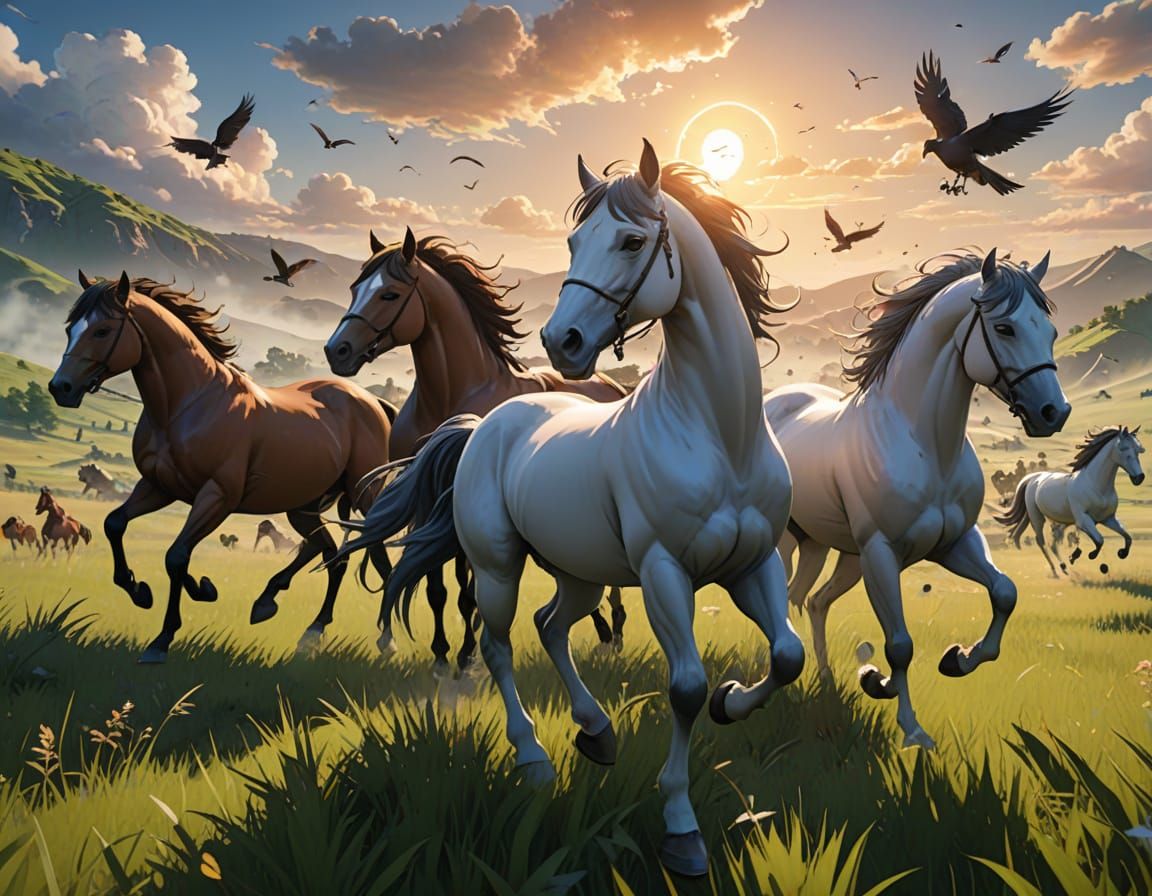 Dynamic Anime Horses Gallop Through Sunrise Energy Bursts