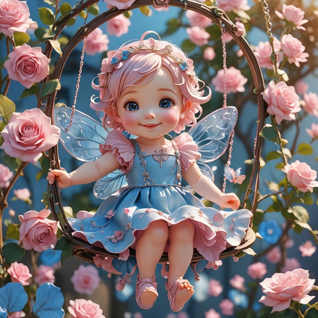 Smiling Baby Fairy on Blue Rose Swing in Anime Style