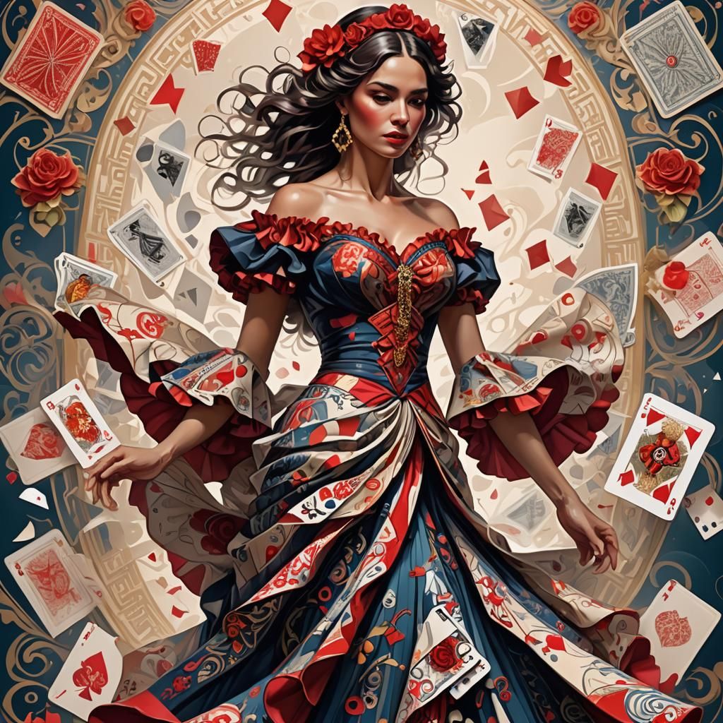 Flamenco Dancer in Playing Card Dress, Art Nouveau Style