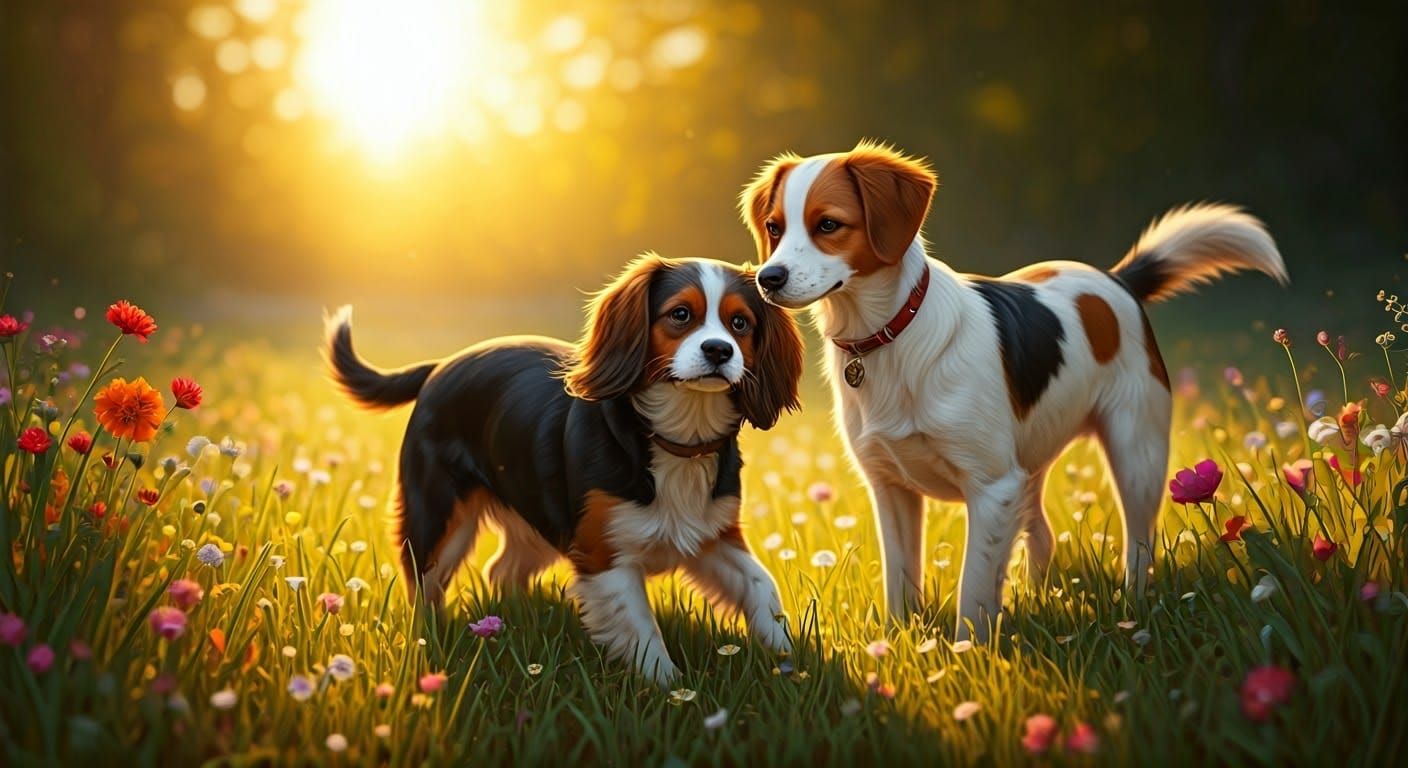 Romantic Dogs in Meadow: Sentimental Animal Portrait