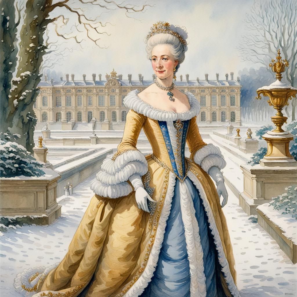 Marie-Antoinette, Queen of France, in the snow-covered gardens of the Palace of Versailles